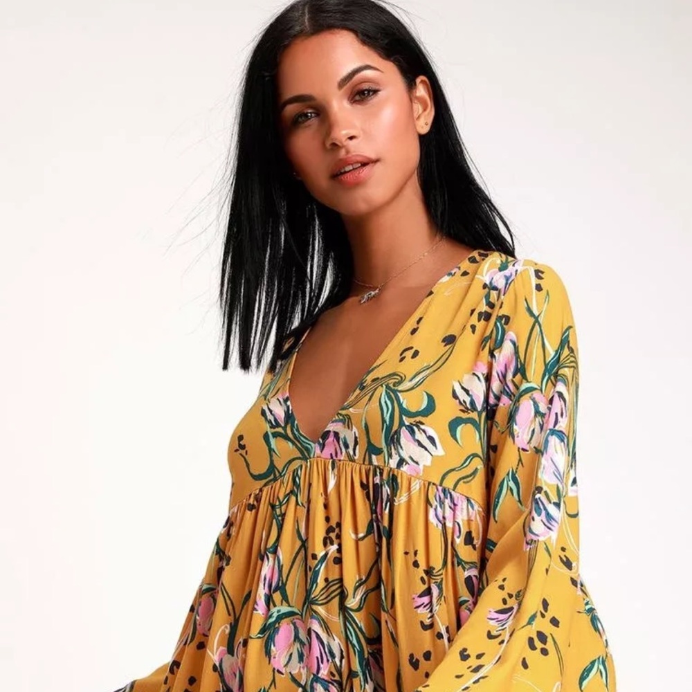 Free People Bella Tunic dress golden yellow floral v neck